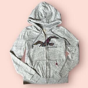Vtg Hollister Hoodie Sweatshirt Womens Large Gray Full Zip Up Y2K Surf Bird Logo